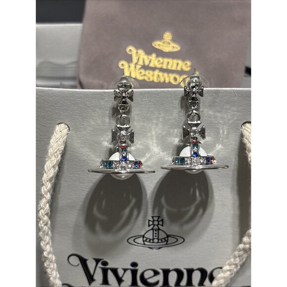 Vivienne Westwood Clear Tone 3D Orb Saturn Ear Stud Dangle Earrings With Box Etc - Picture 1 of 6